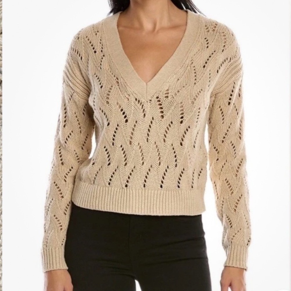 Bailey/44 Tan Pointelle Silk Blend‎ V-Neck Sweater Long Sleeve Knotted Women XS